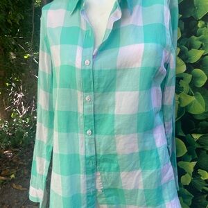 Garnet Hill Green and White Checkered Blouse